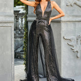 Mono brillante de lentejuelas de alta calidad, sin mangas, con cuello halter y espalda descubierta, diseño vaporoso, vestido de noche de organza